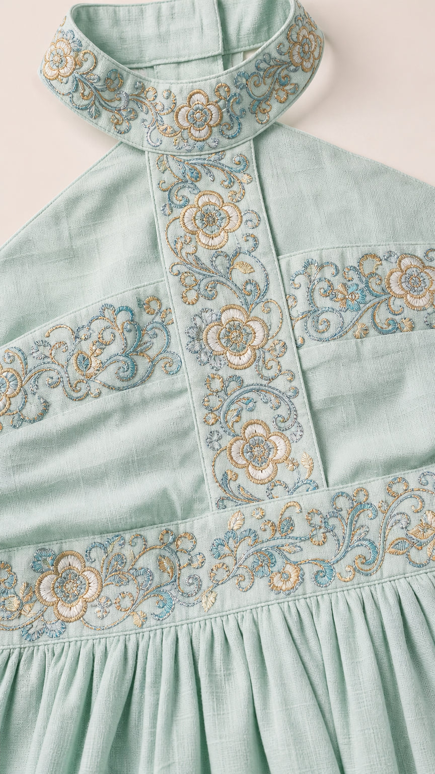 Close-up detail of halter neck and floral embroidery