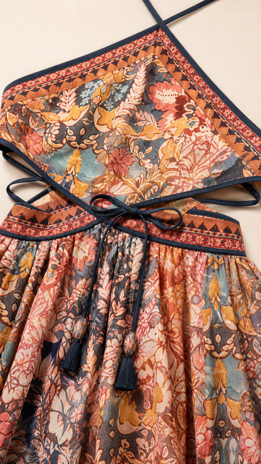 Close-up of the bodice, print detail, and waist tie
