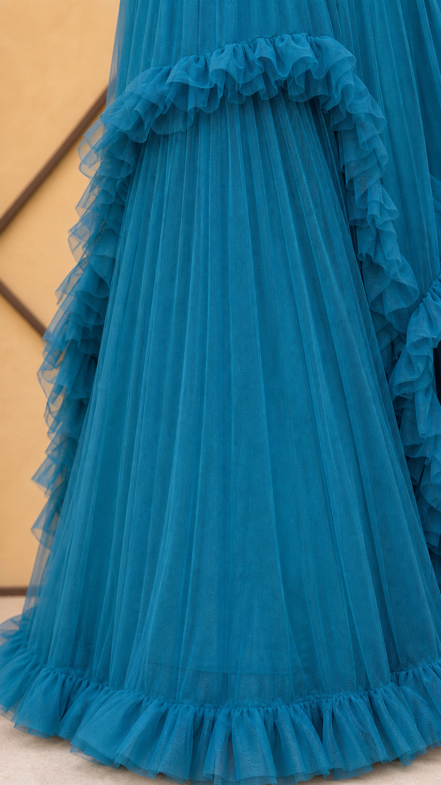Close-up detail of tiered tulle ruffles on the skirt
