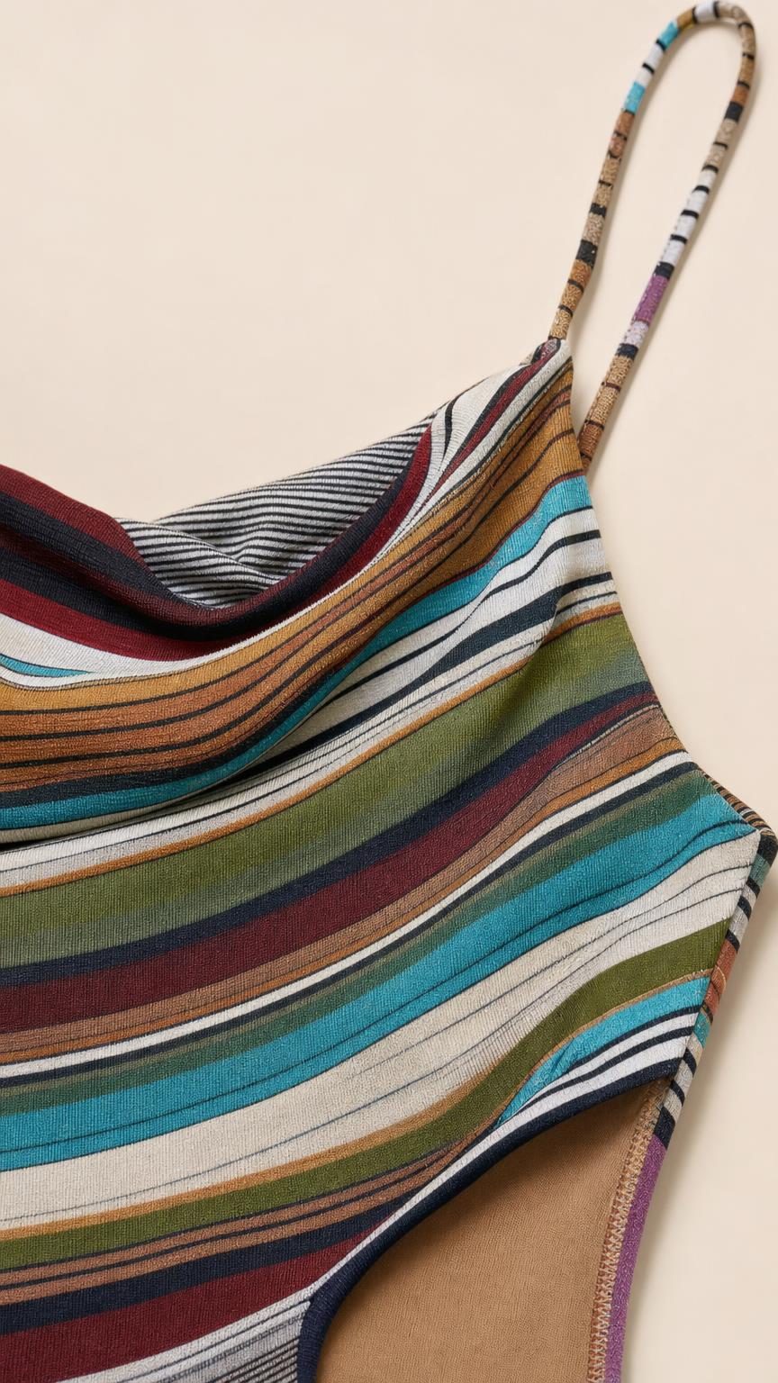 Close-up detail of multi-color striped knit fabric and strap
