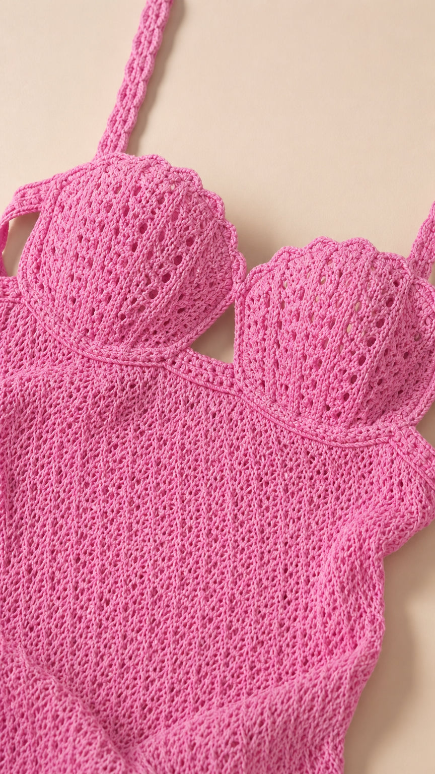 Close-up of textured crochet bodice and straps