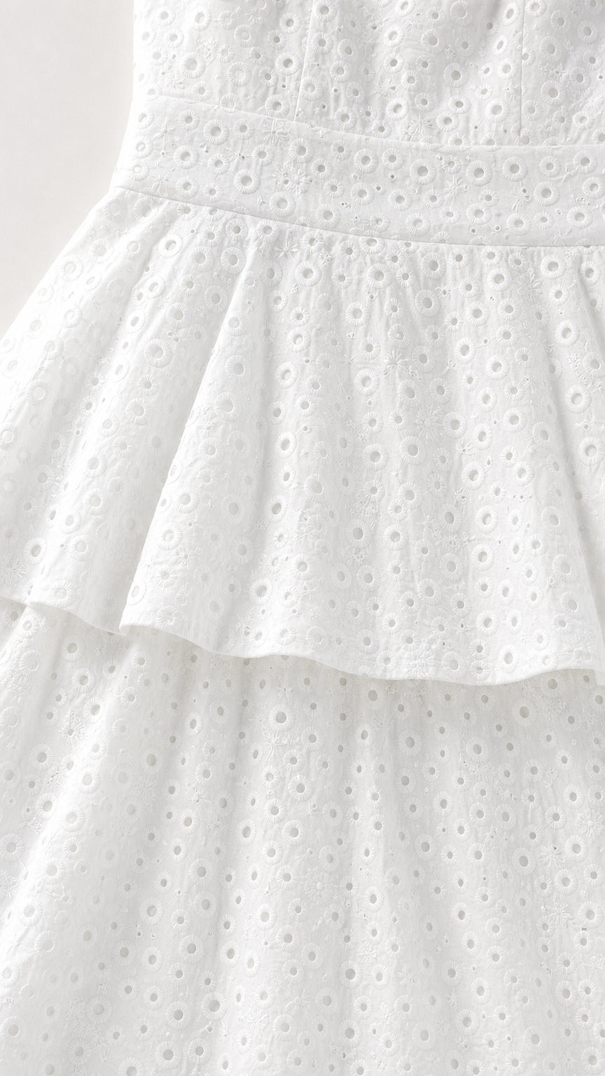 Close-up of fabric texture on white eyelet maxi dress