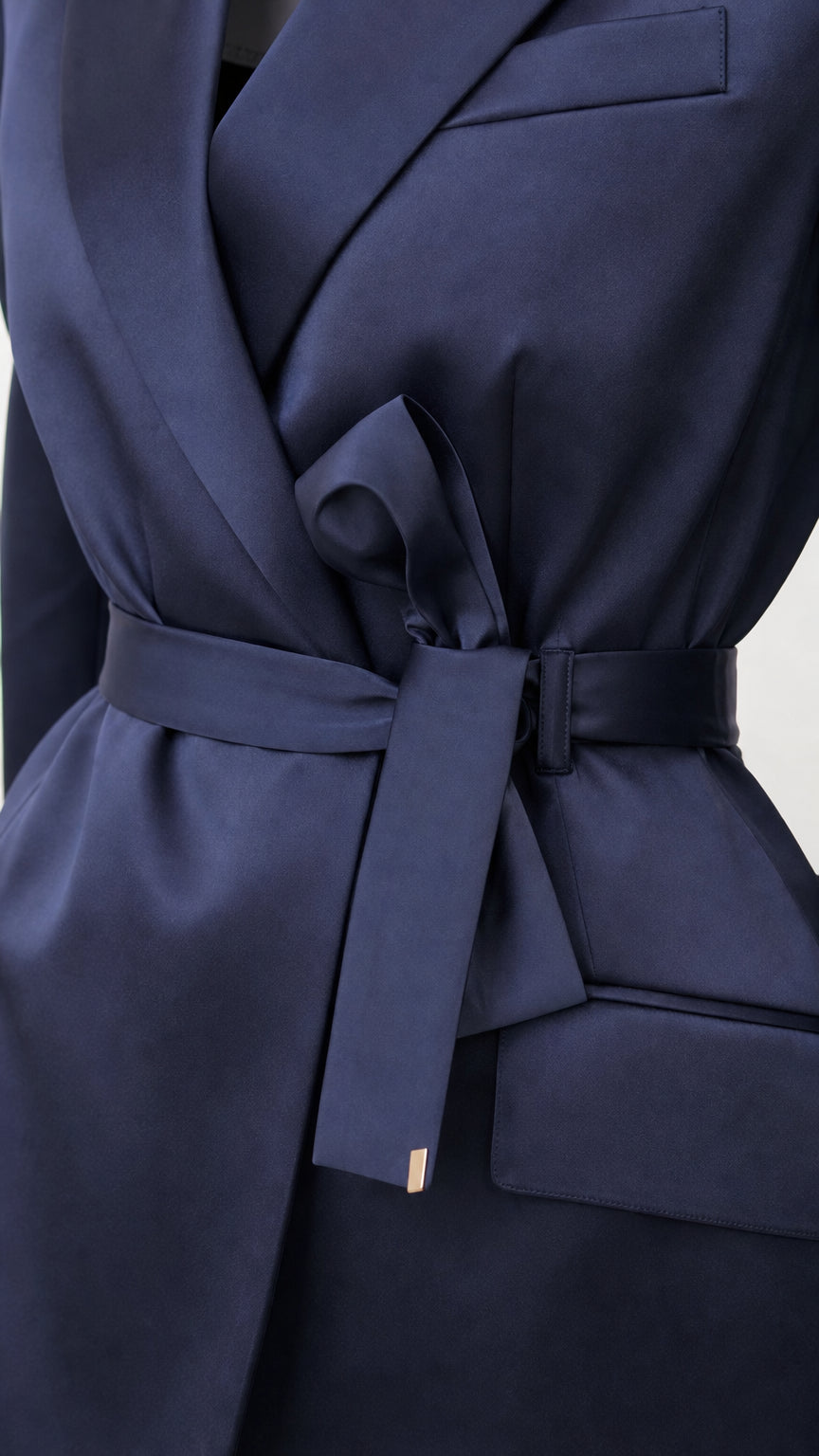Close-up of navy satin blazer lapel and tie belt detail