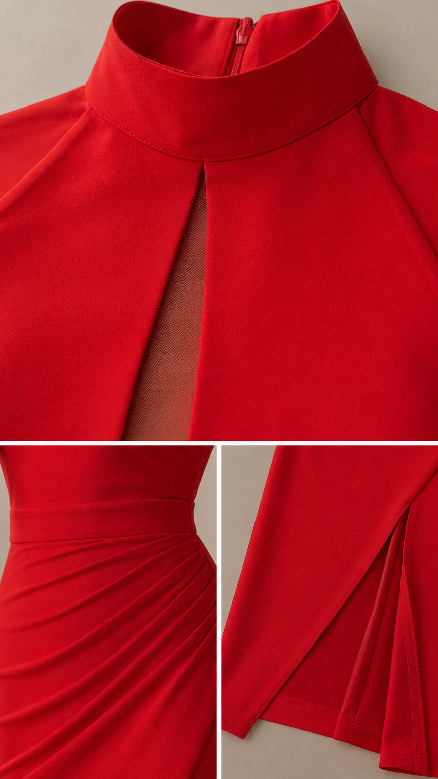 Close-up details of red dress collar, ruching, and hemline