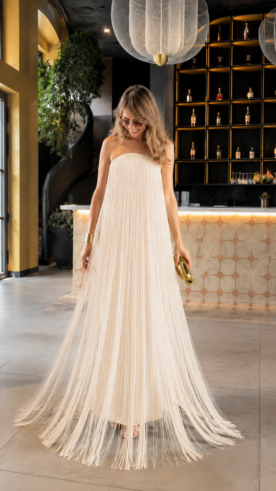 Ivory strapless fringe maxi dress front view
