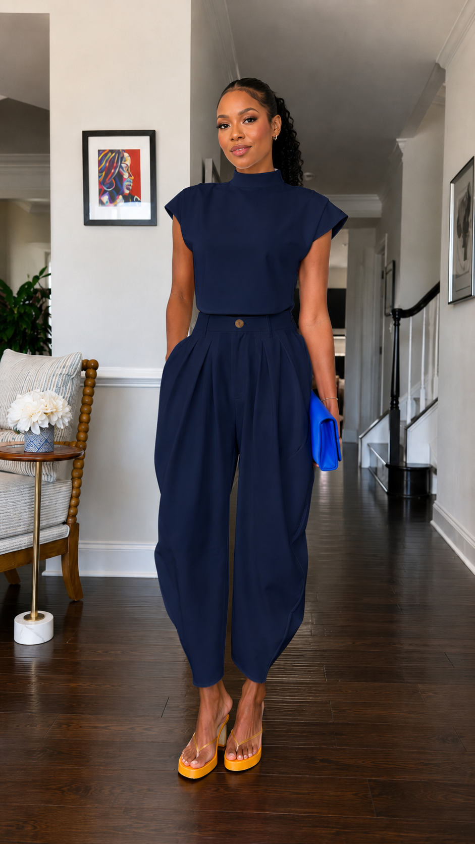 Front view of navy mock neck cap sleeve harem jumpsuit with defined waistband