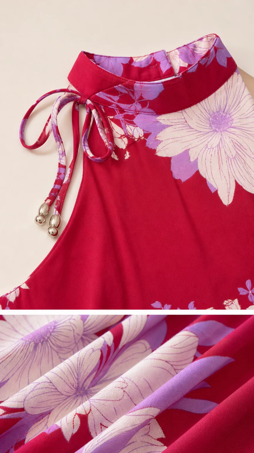 Close-up of halter neckline tie and smooth floral fabric texture