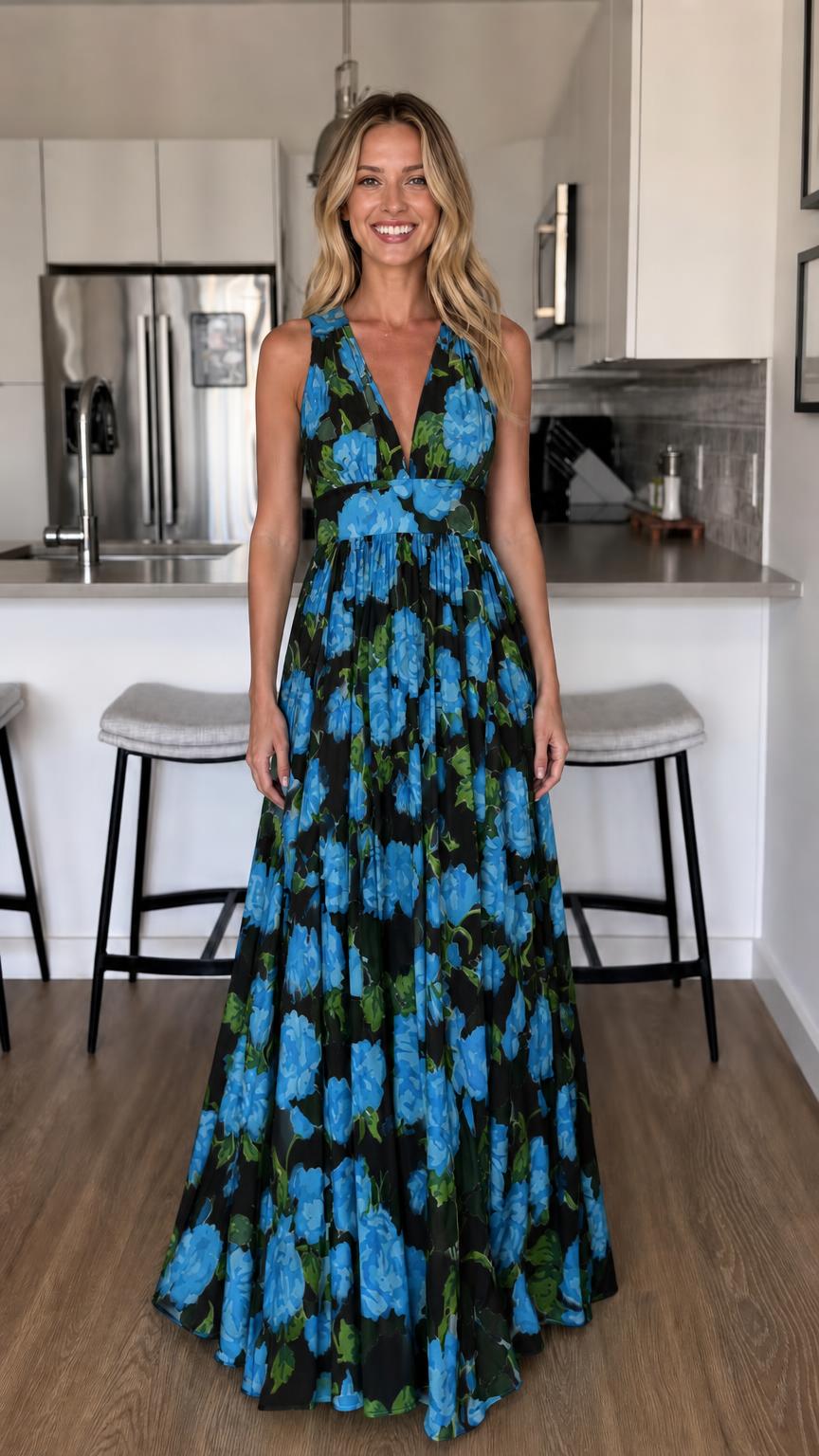 Front view of Black/Blue floral maxi dress variant