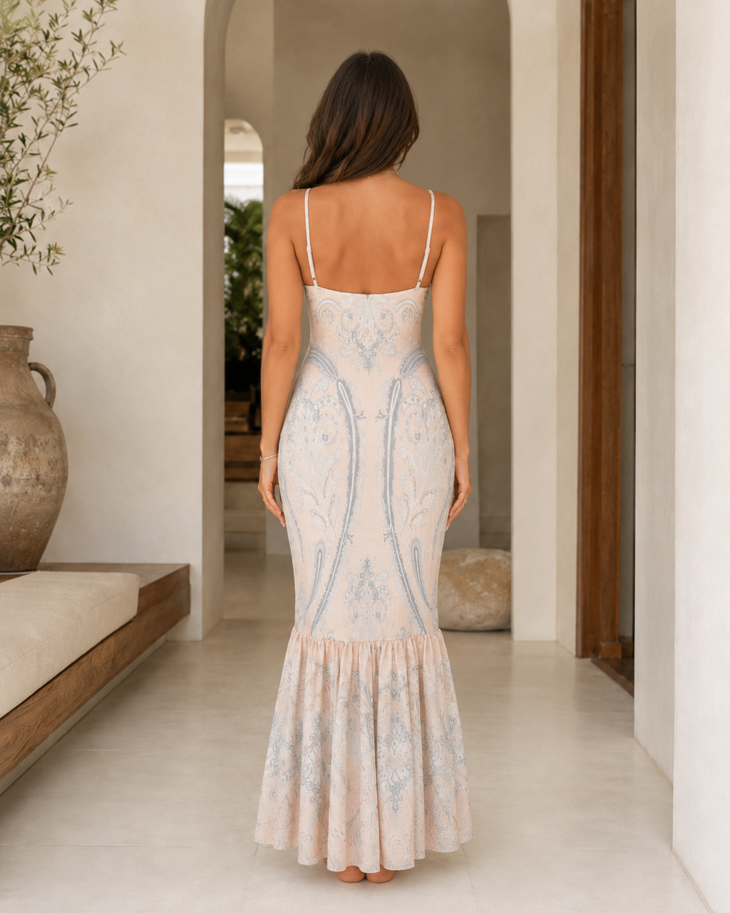 Back view of ivory and blue printed mermaid cami maxi dress