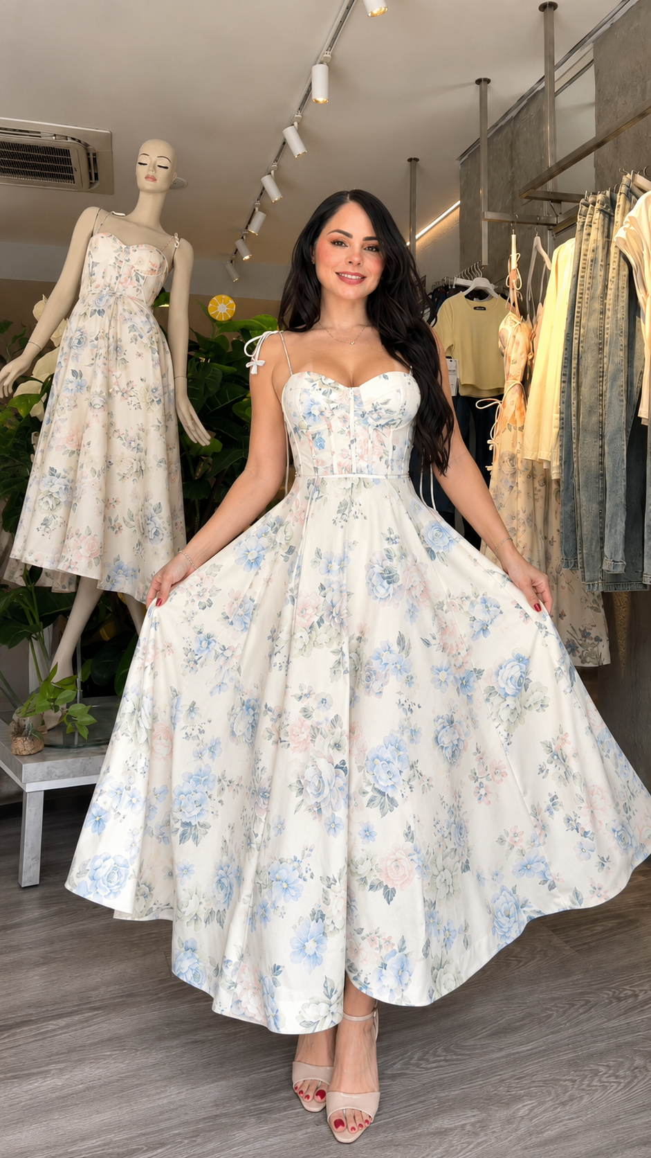 Women's Printed Sleeveless V-Neck Midi Dress