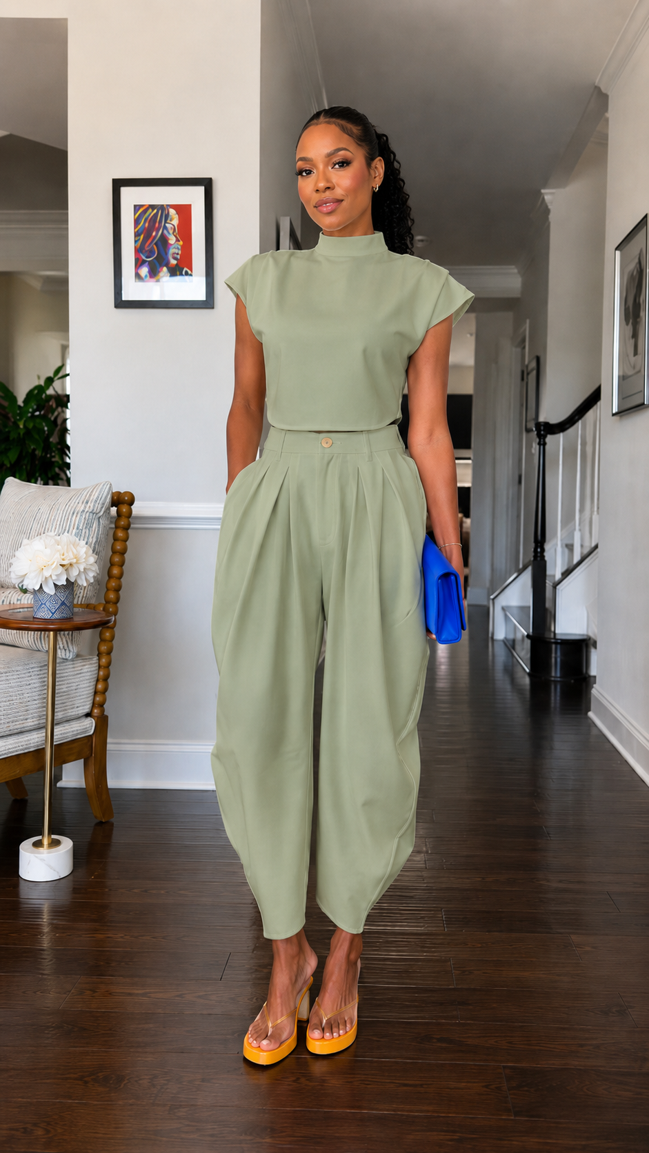 Front view of sage mock neck cap sleeve harem jumpsuit with relaxed tapered leg