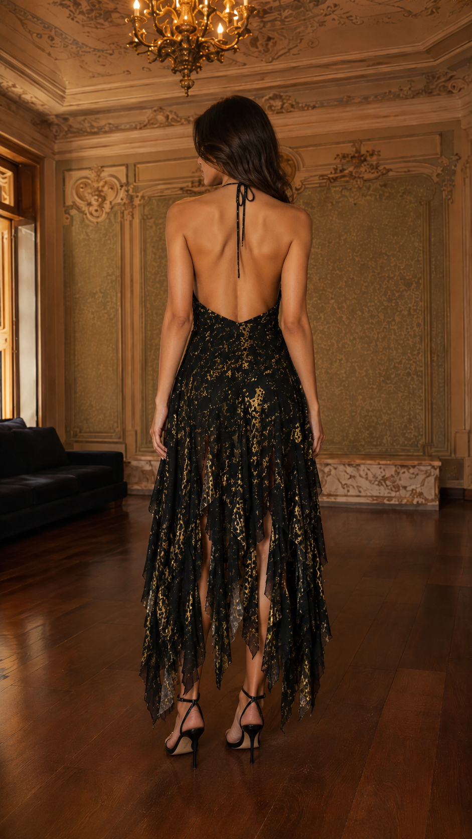 Back view of black halter maxi dress with open back and tie-neck detail