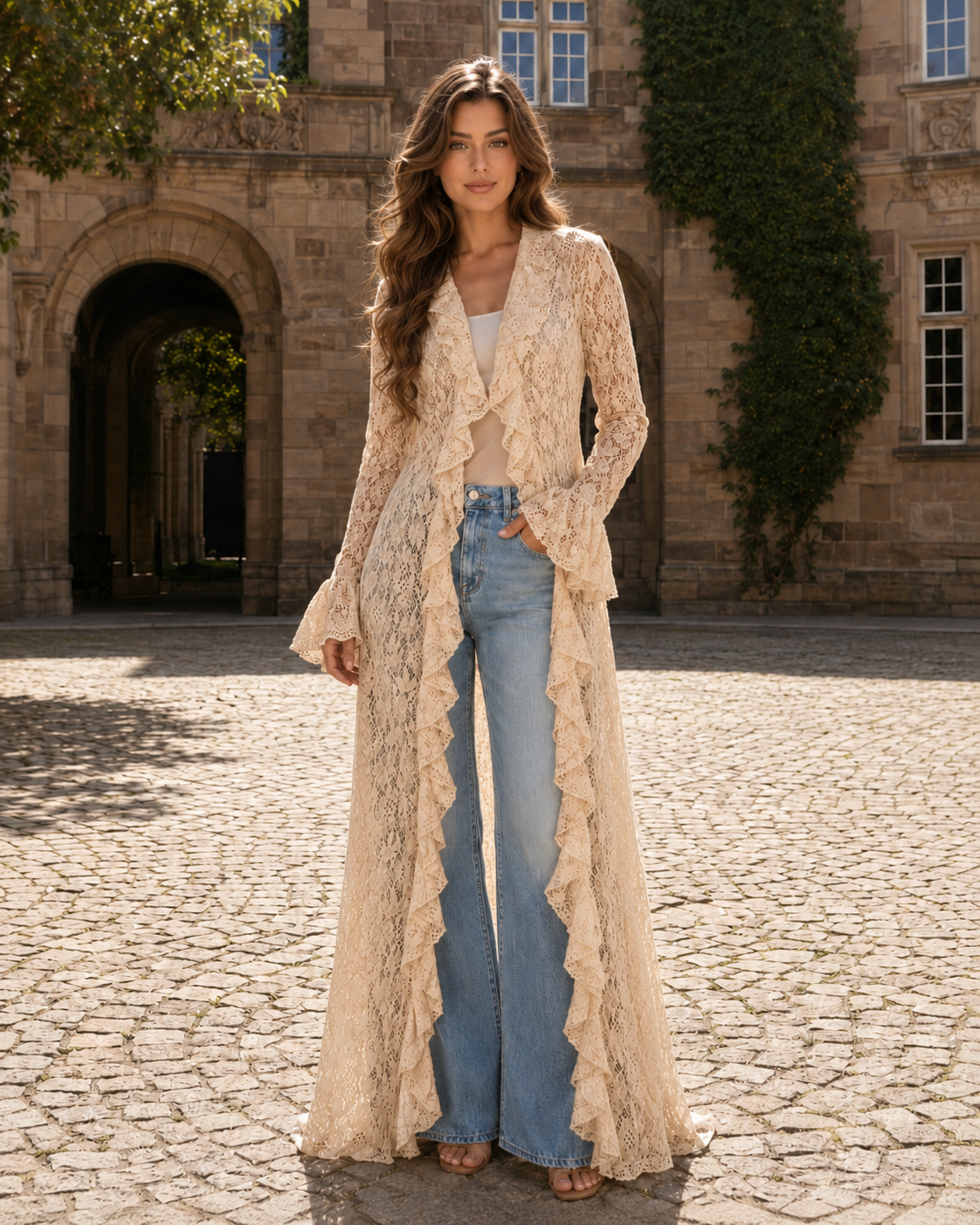 Champagne lace maxi cardigan with open front and romantic ruffle edging