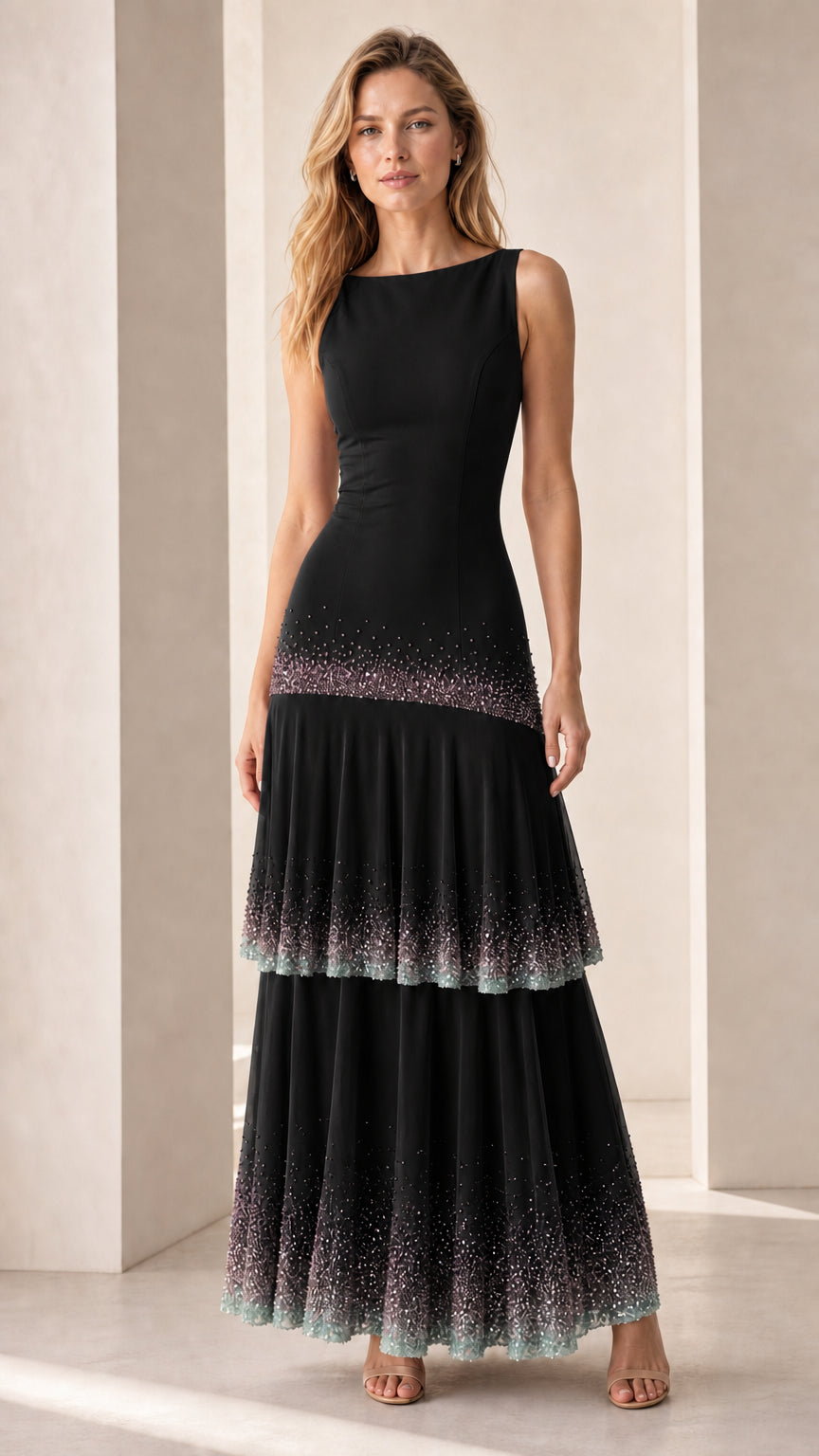 Full-length view of model in black sequin-trimmed tiered maxi dress