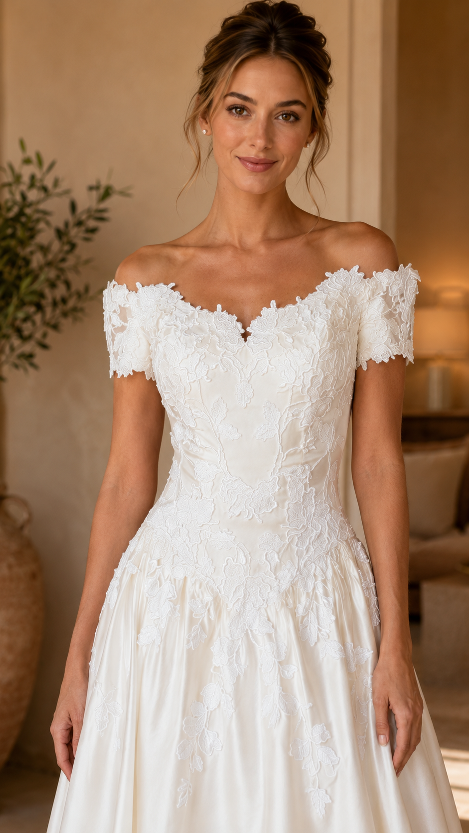 Close-up front view of white lace bodice and off-shoulder neckline
