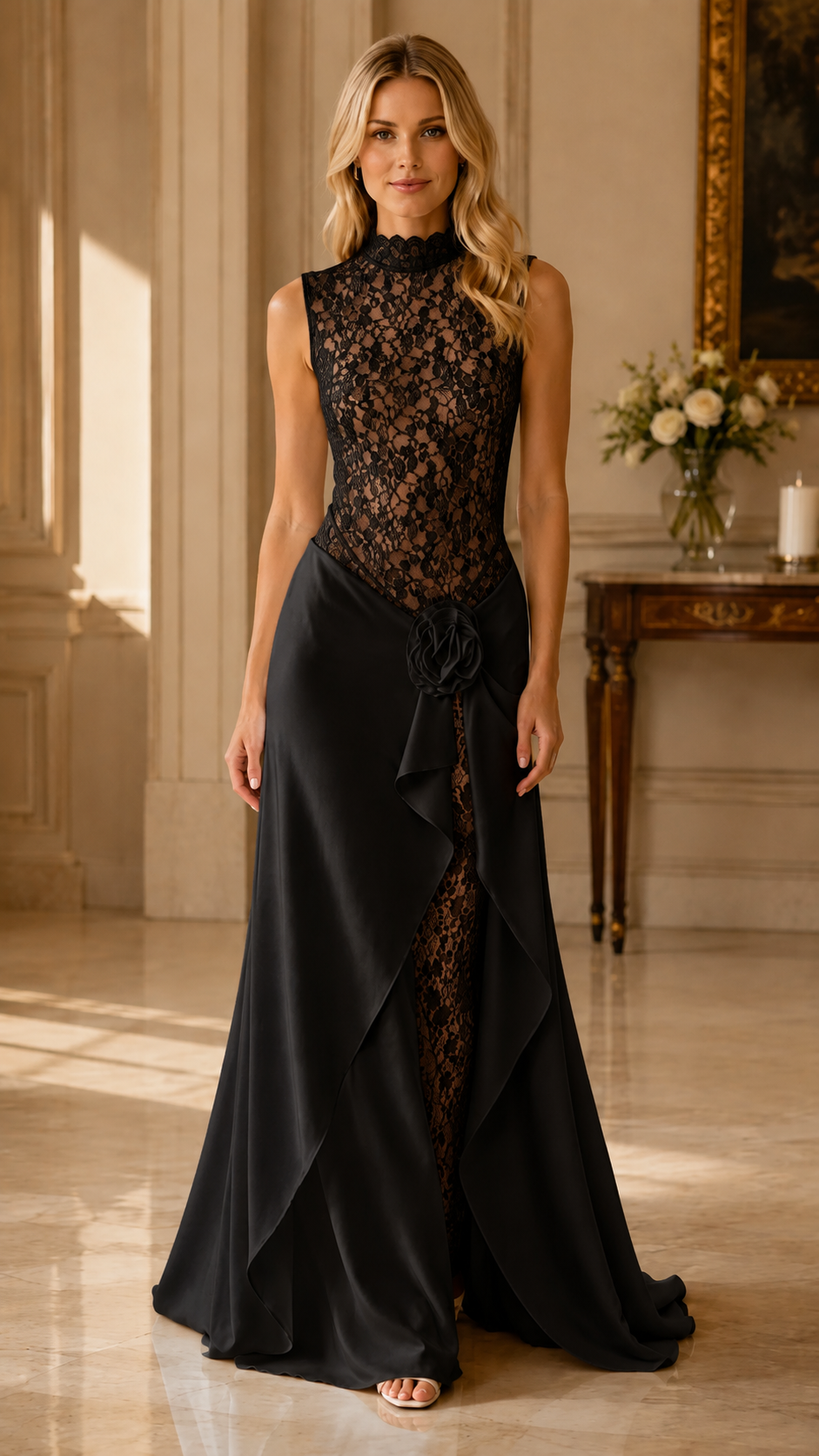 Front view of black sleeveless lace mock neck maxi evening dress with front drape