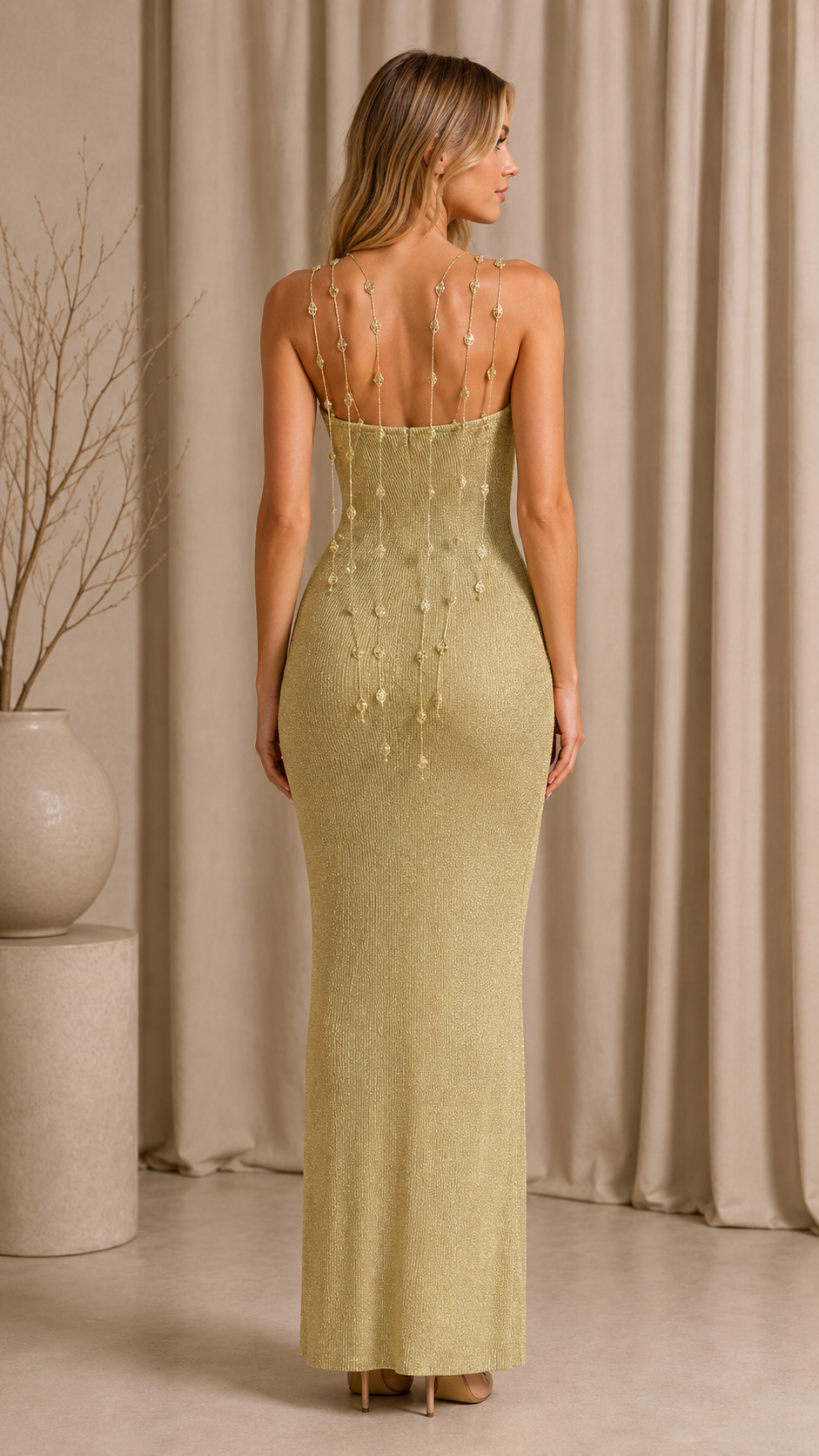 Back view of champagne glitter knit column maxi dress with draped beaded straps