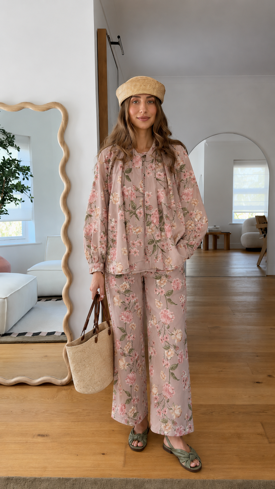 Front view of blush pink floral two-piece lounge set with wide-leg pants