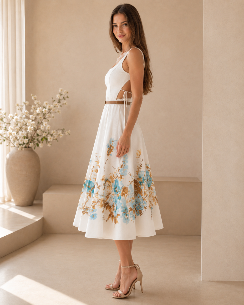 Side view of the white floral midi dress showing the flared skirt and waist detail