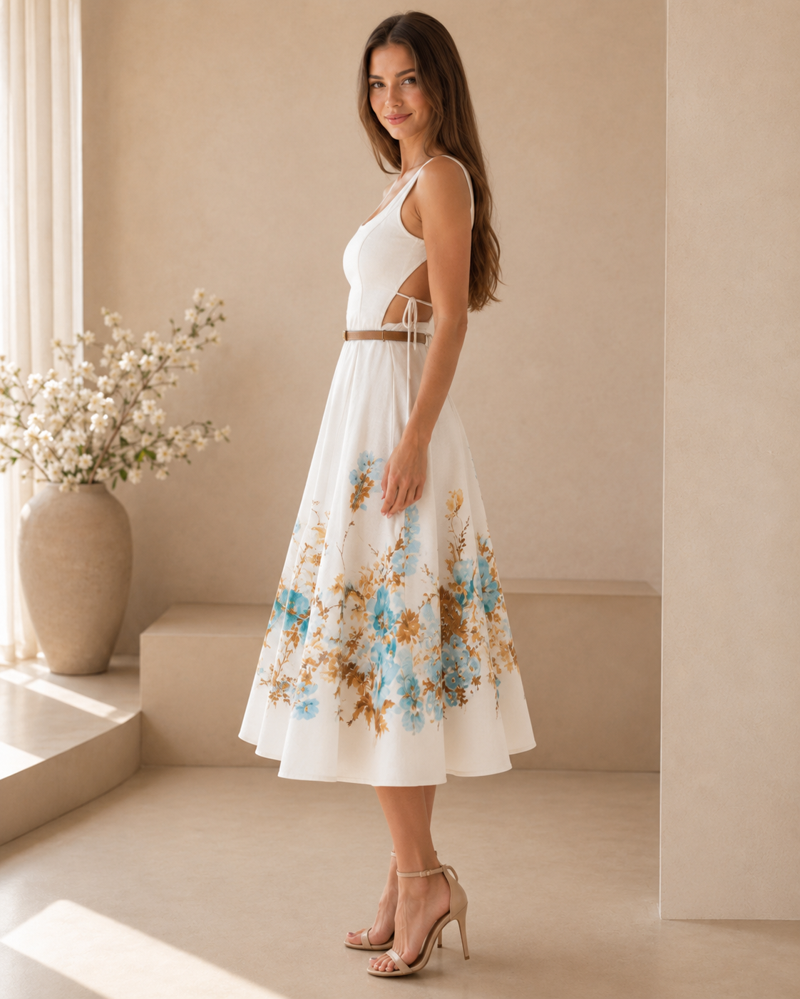 Side view of the white floral midi dress showing the flared skirt and waist detail