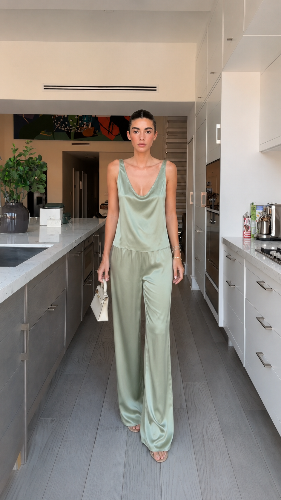 Full front view of sage satin-look cowl neck matching pants set