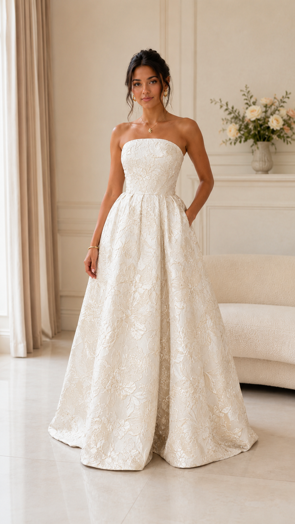 Front view of ivory strapless jacquard ball gown maxi dress
