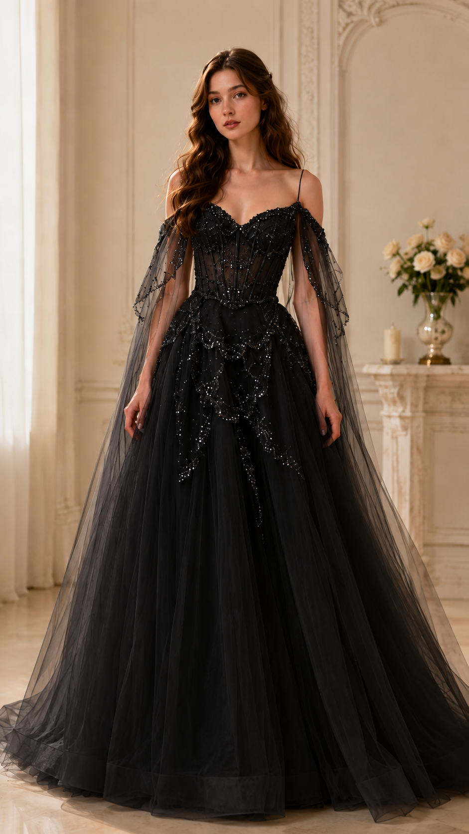 Front view of black off-shoulder embellished tulle ball gown evening dress