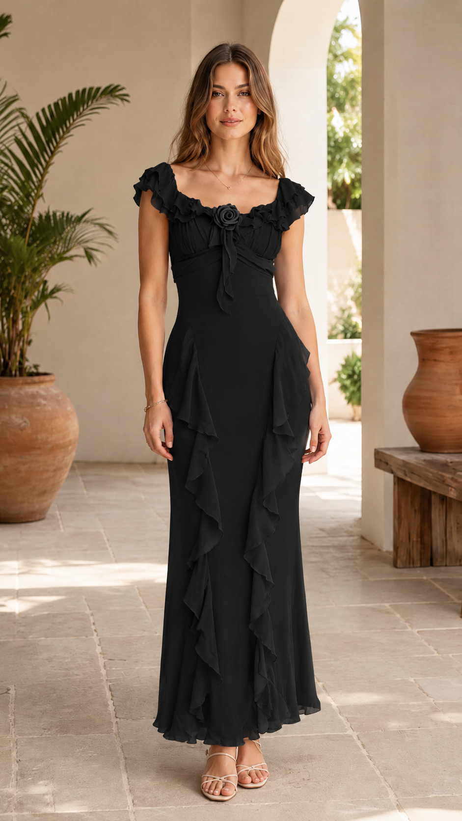 Front view of black maxi dress with ruffle neckline and cascading skirt ruffles