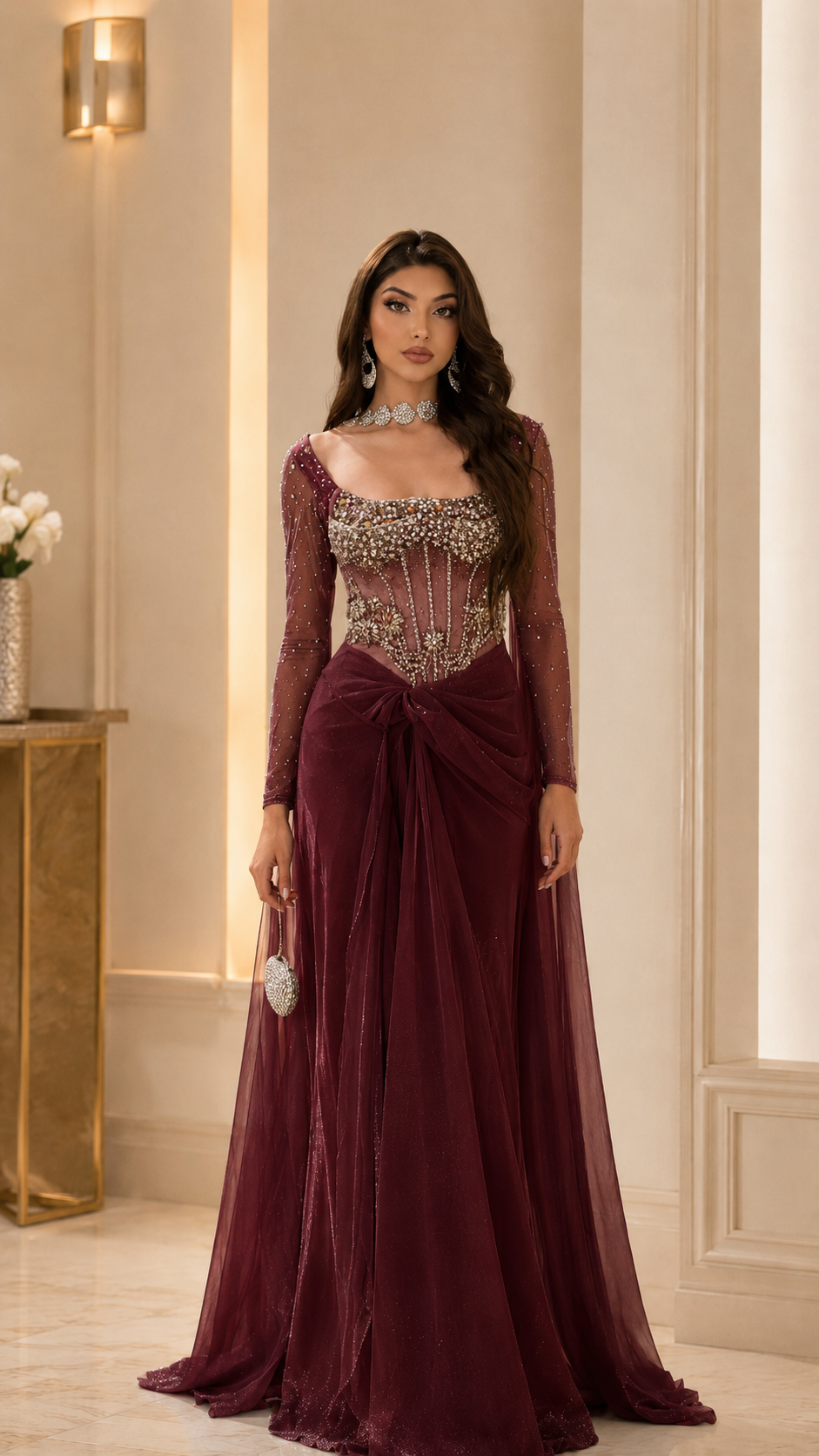 Burgundy embellished square neck long sleeve evening gown with draped waist detail