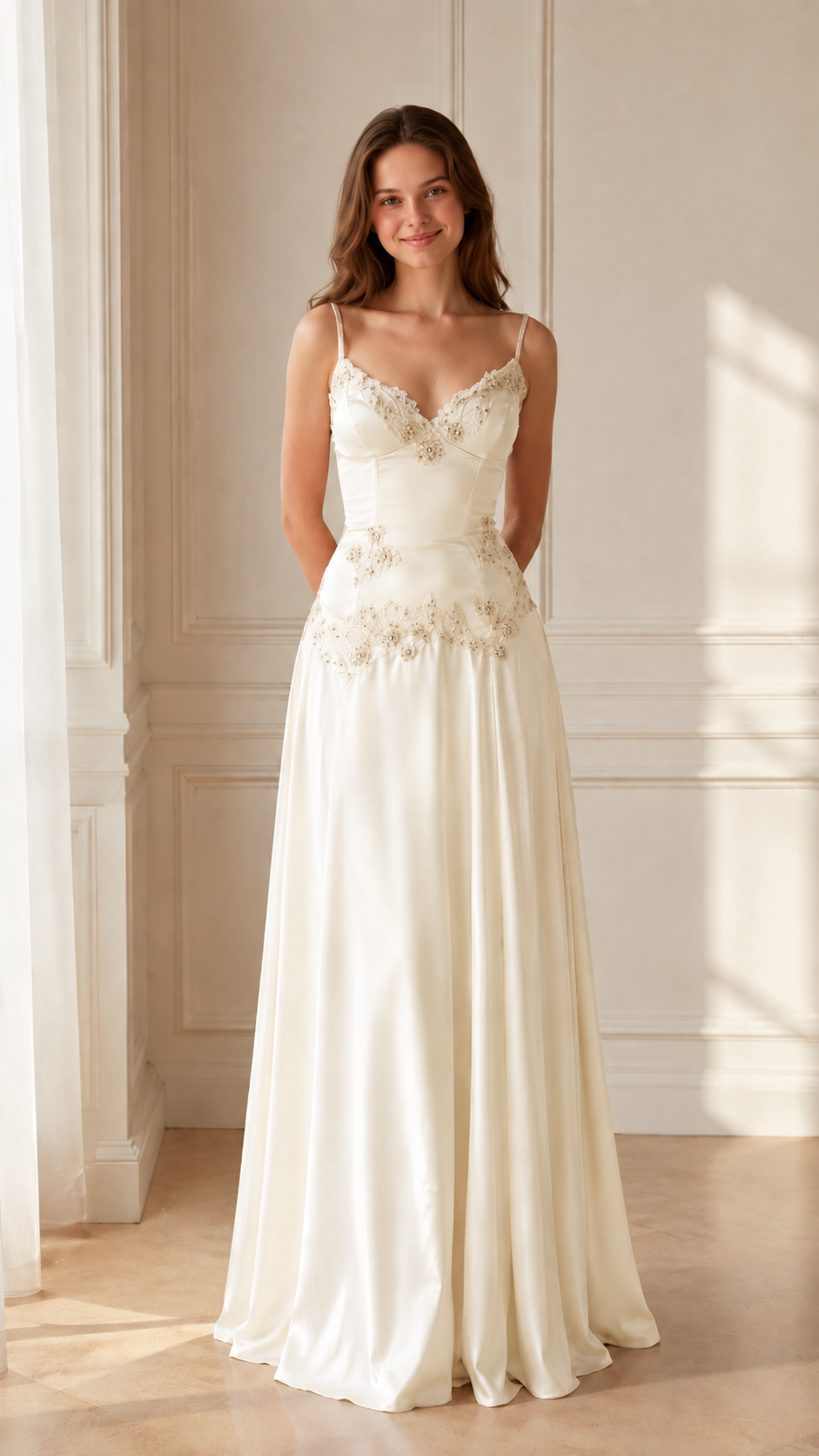 Front view of ivory embroidered satin-look maxi gown with spaghetti straps