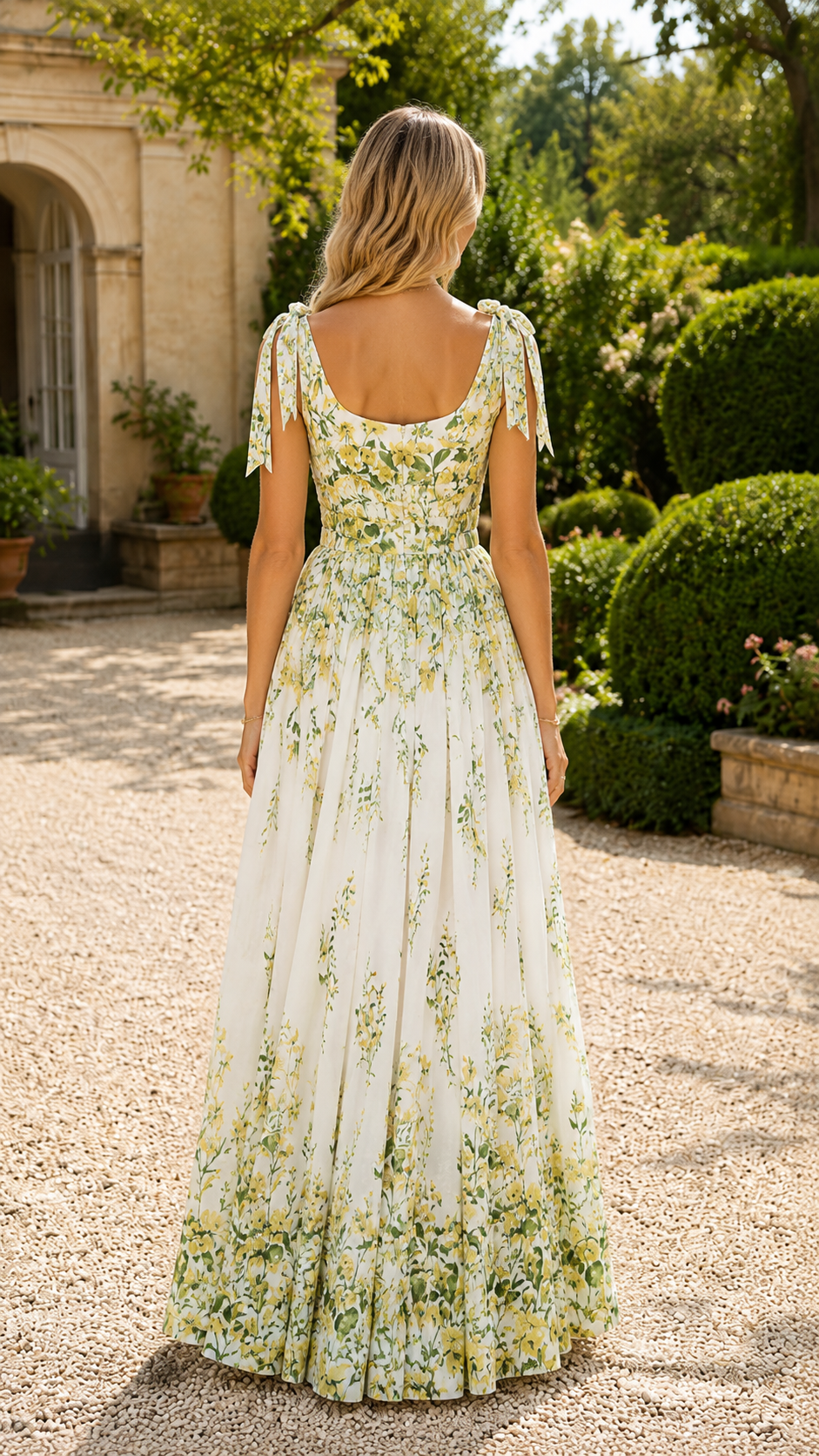 Back view of an ivory floral maxi dress with tie shoulder straps