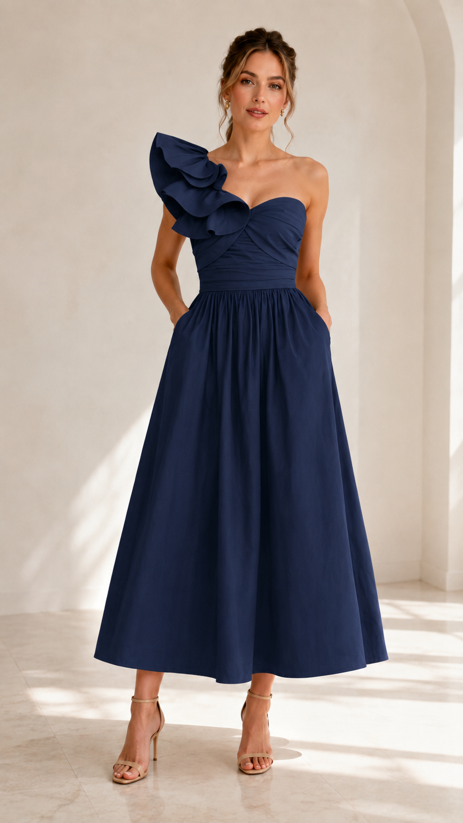 Front view of navy one-shoulder ruffle midi dress with pockets
