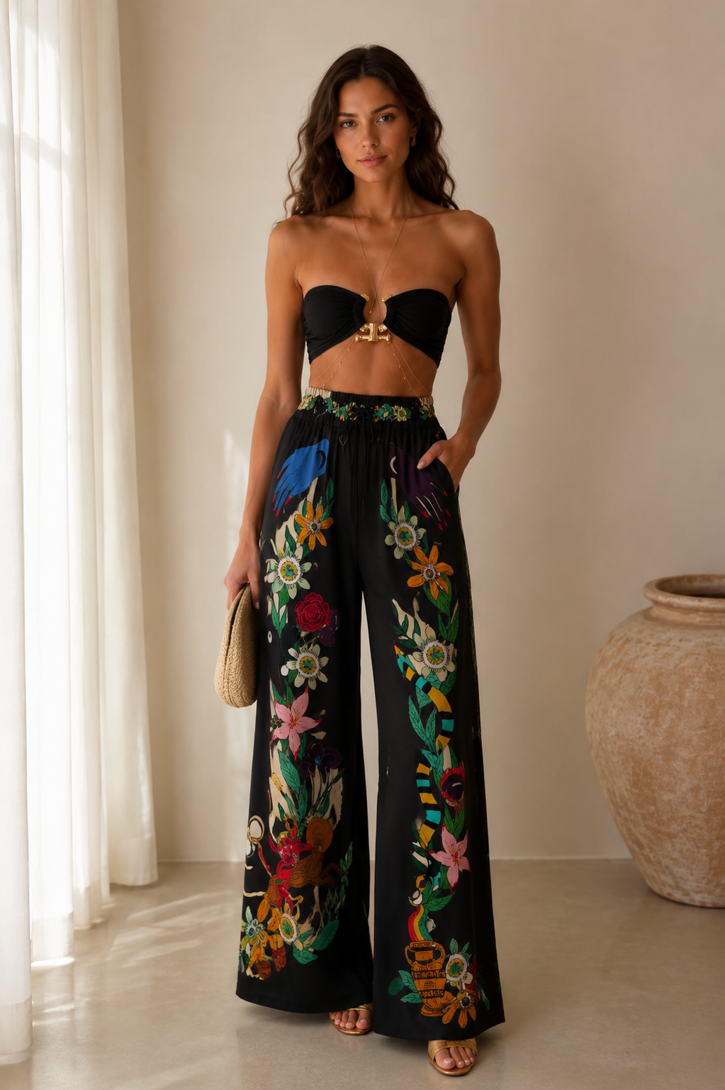 Front view of black bandeau top and black floral wide-leg pants set with clutch