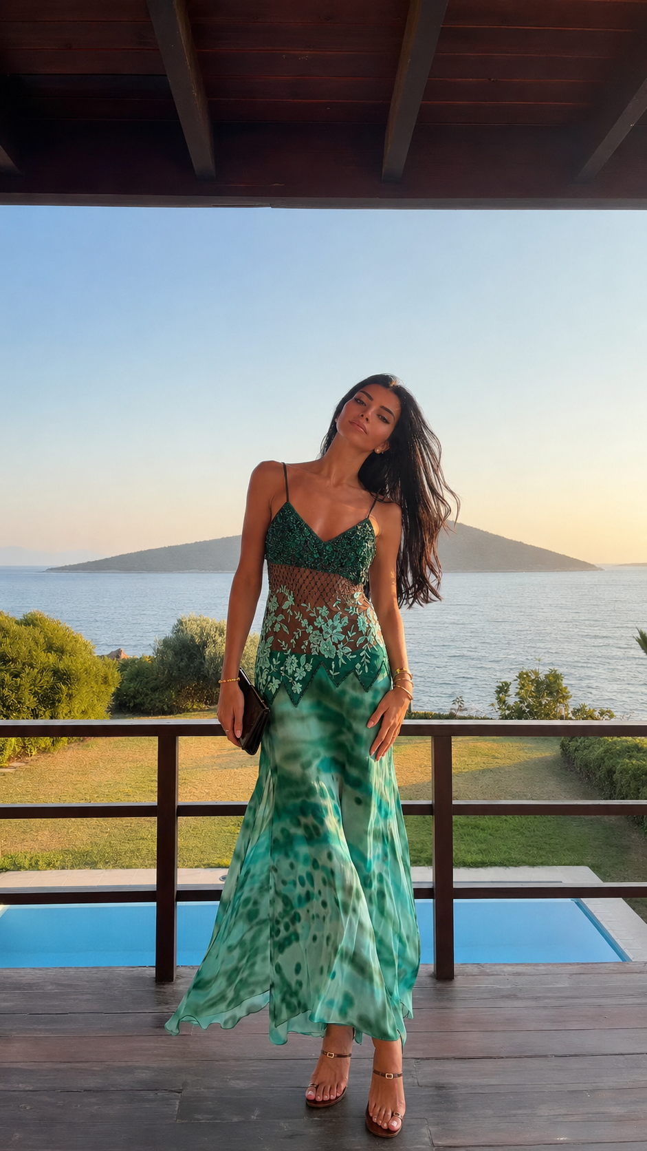 Front view of mint printed lace-panel spaghetti strap maxi dress