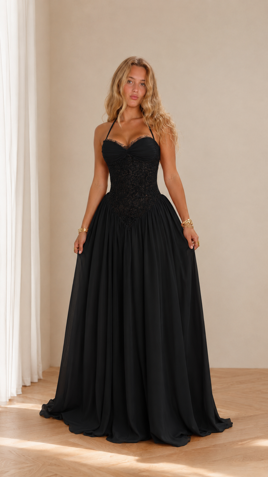 Front view of black lace corset halter prom maxi dress