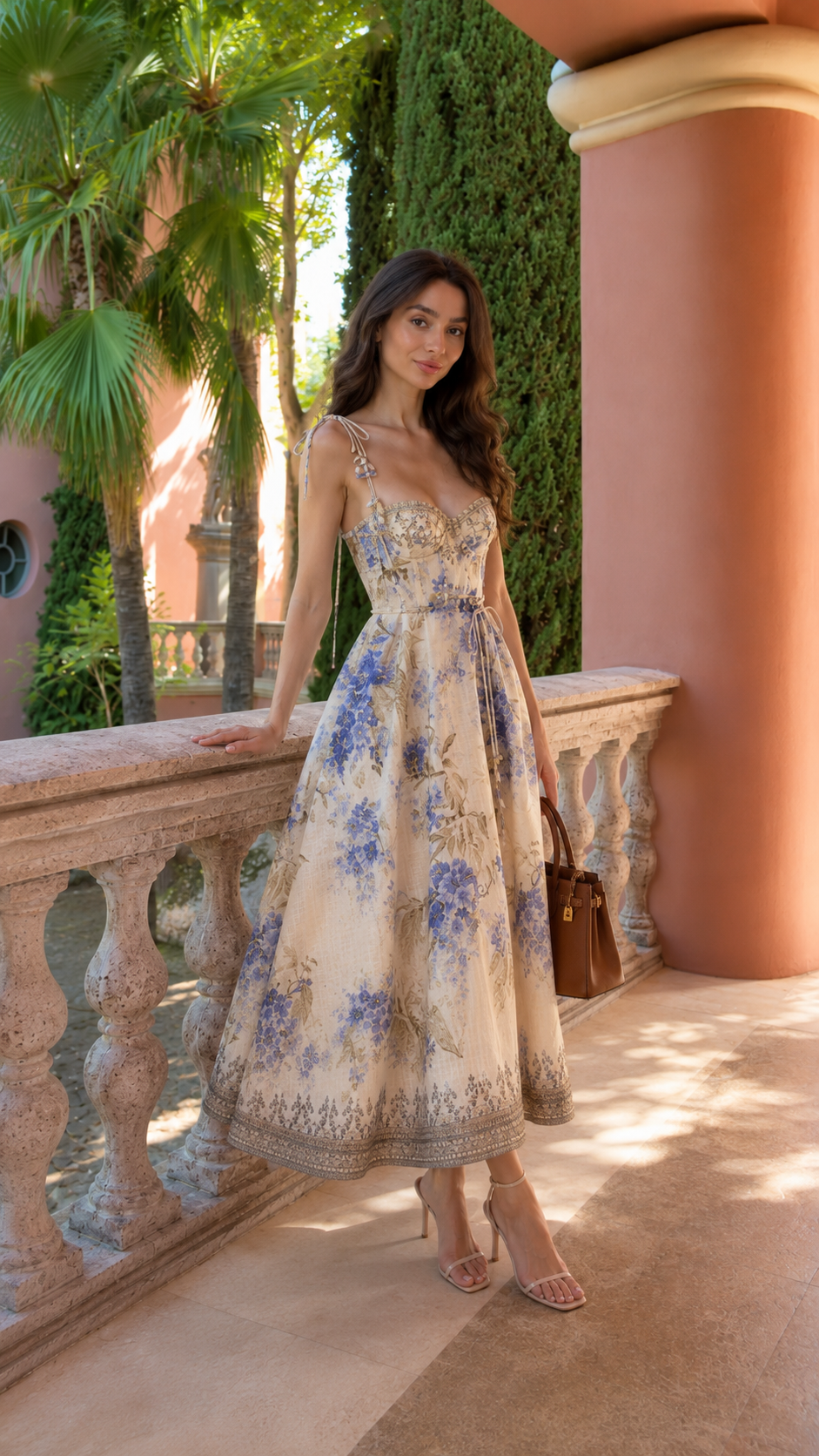 Angled front view of blue floral midi dress with structured waist and full skirt