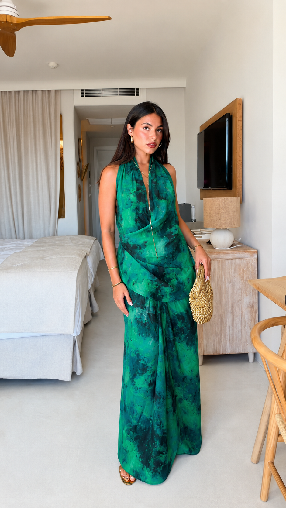 Emerald tie-dye halter open-back maxi dress front view