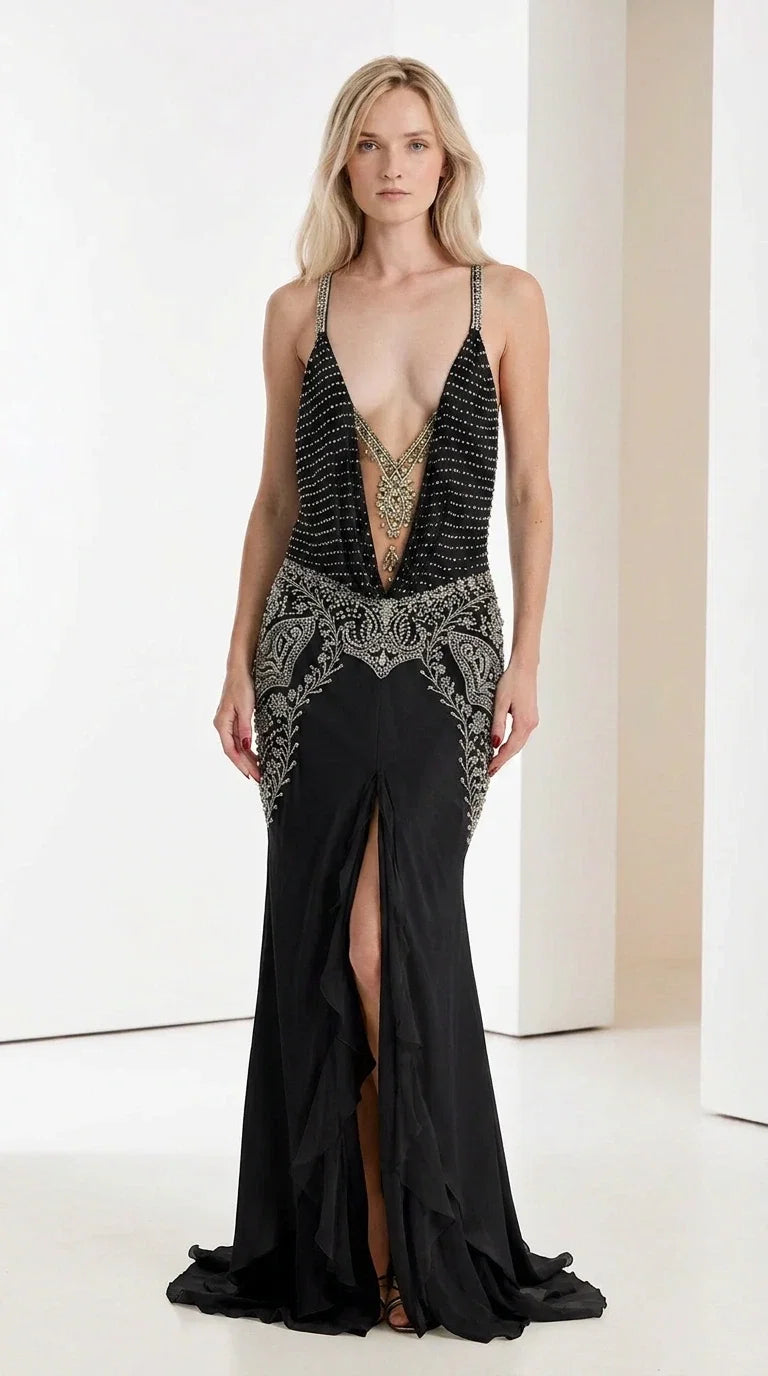 Front view of black embellished evening gown