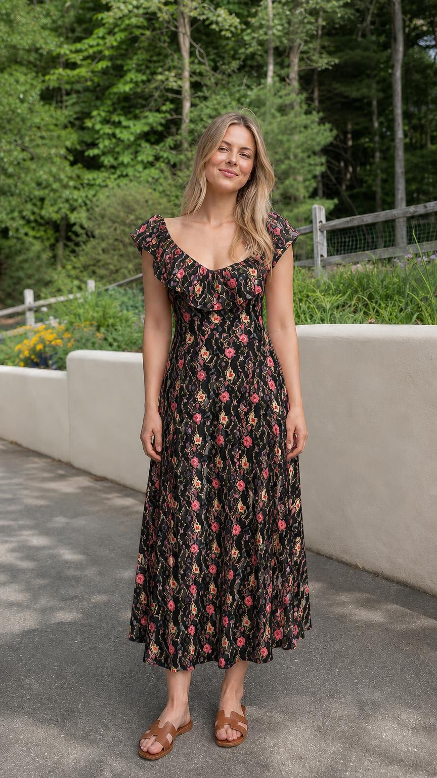 Front view of black floral midi dress variant