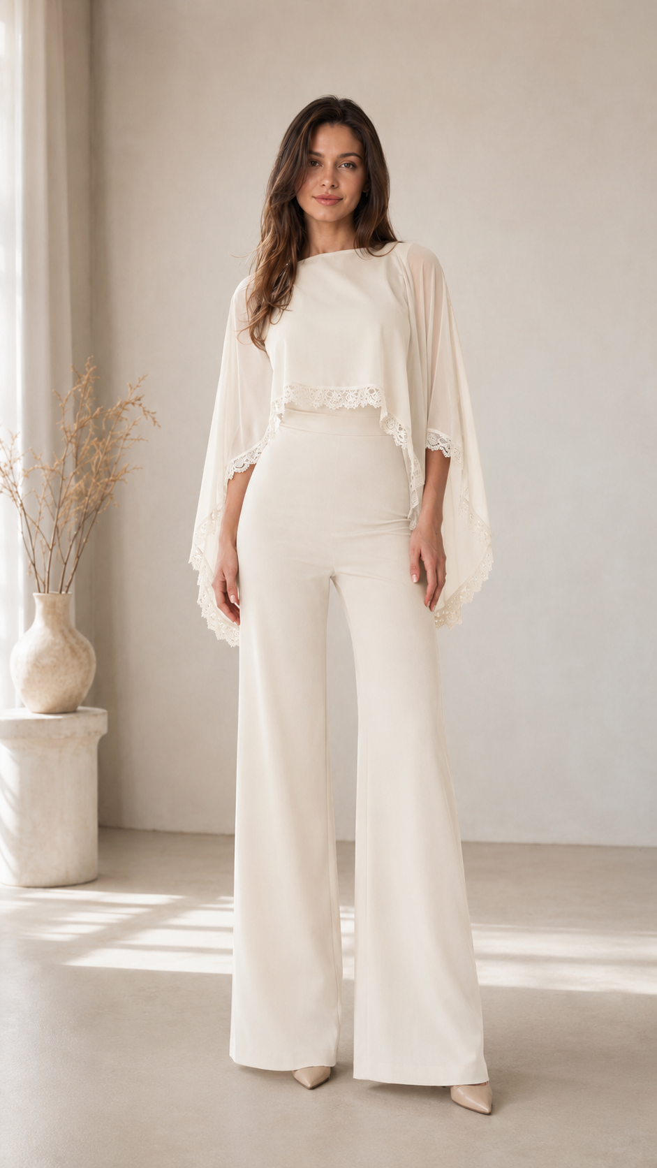 Front view of ivory cape sleeve wide leg jumpsuit