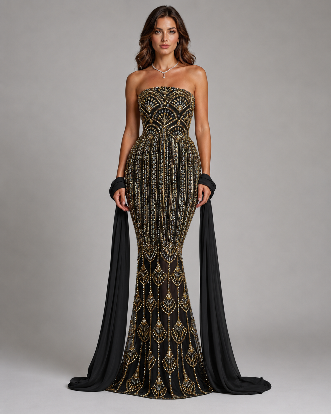 Front view of black strapless beaded mermaid gown with gold-toned embellishment and black draped scarf
