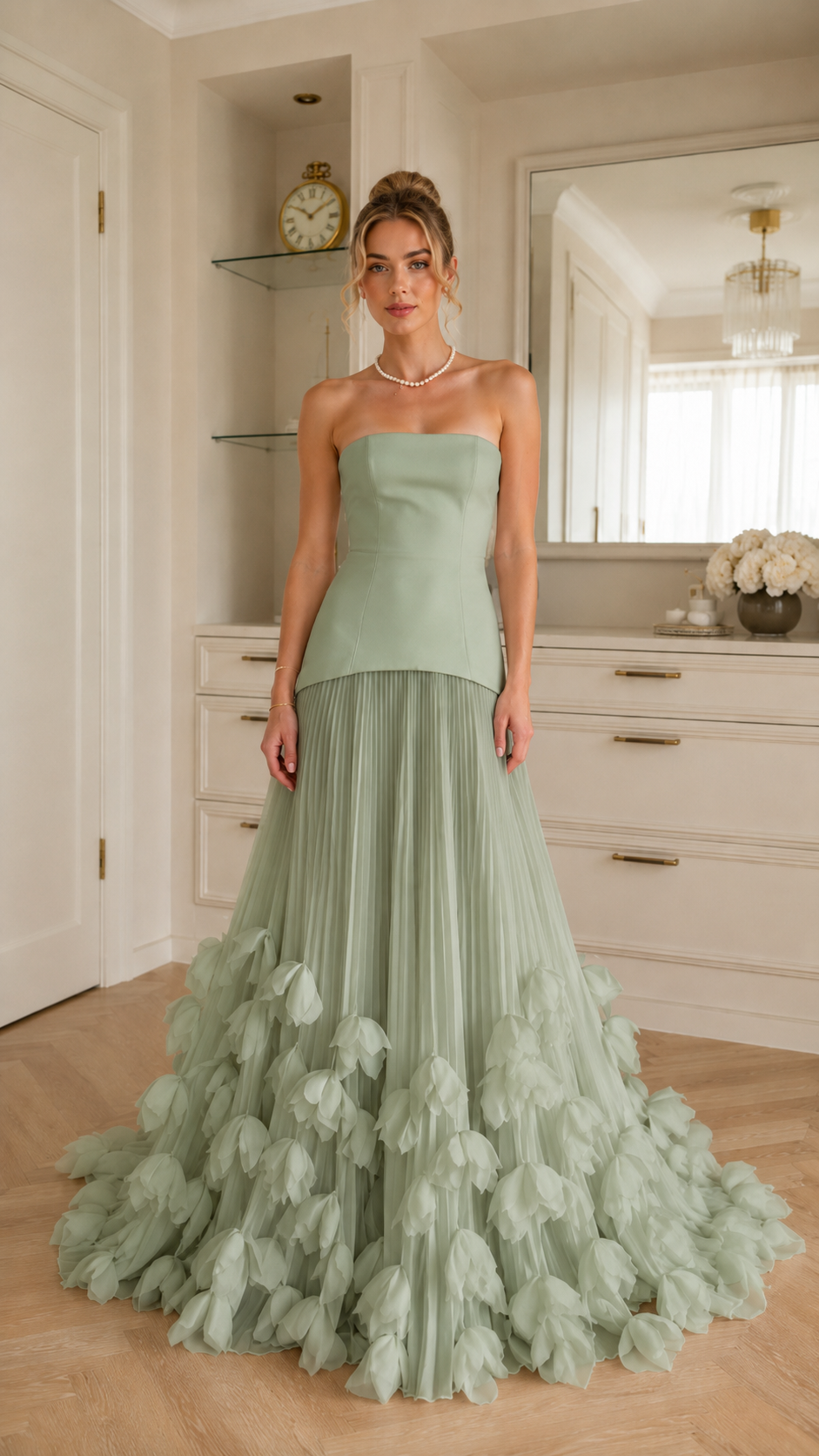 Front view of sage green strapless mermaid gown with pleated skirt and petal-style hem