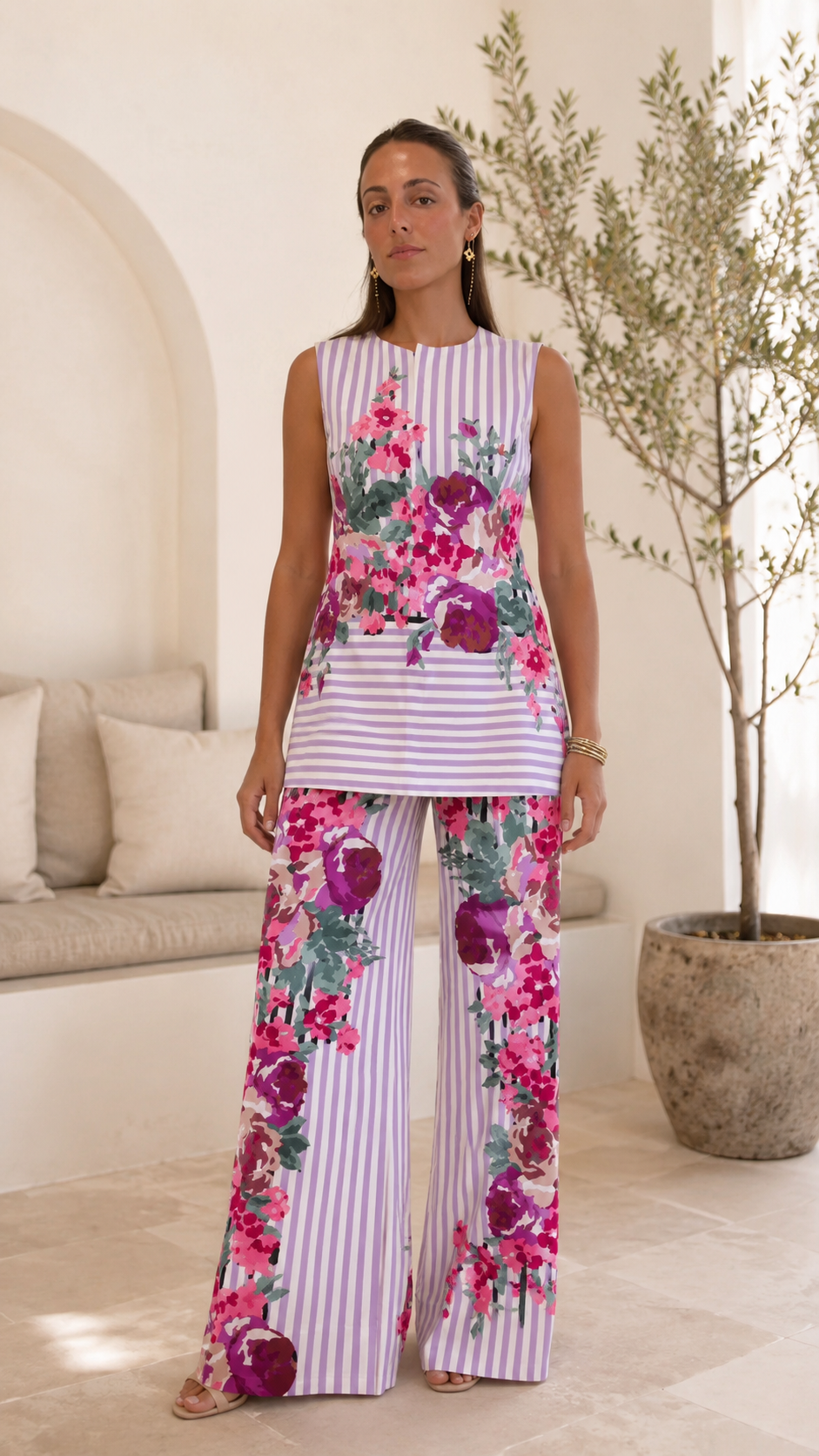Women's lavender striped sleeveless floral tunic top with matching wide-leg pants front view