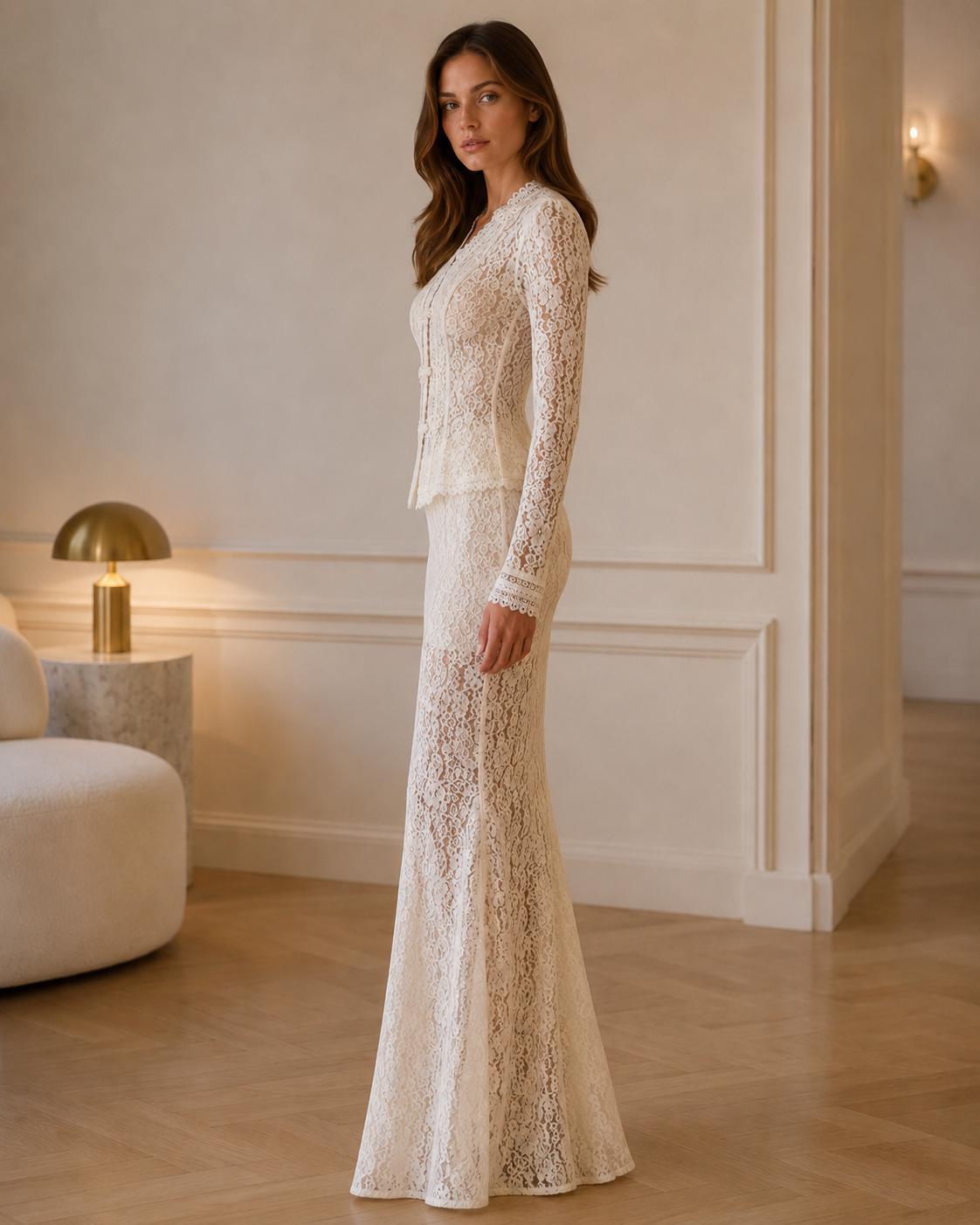 Side view of ivory lace peplum maxi dress with fitted silhouette