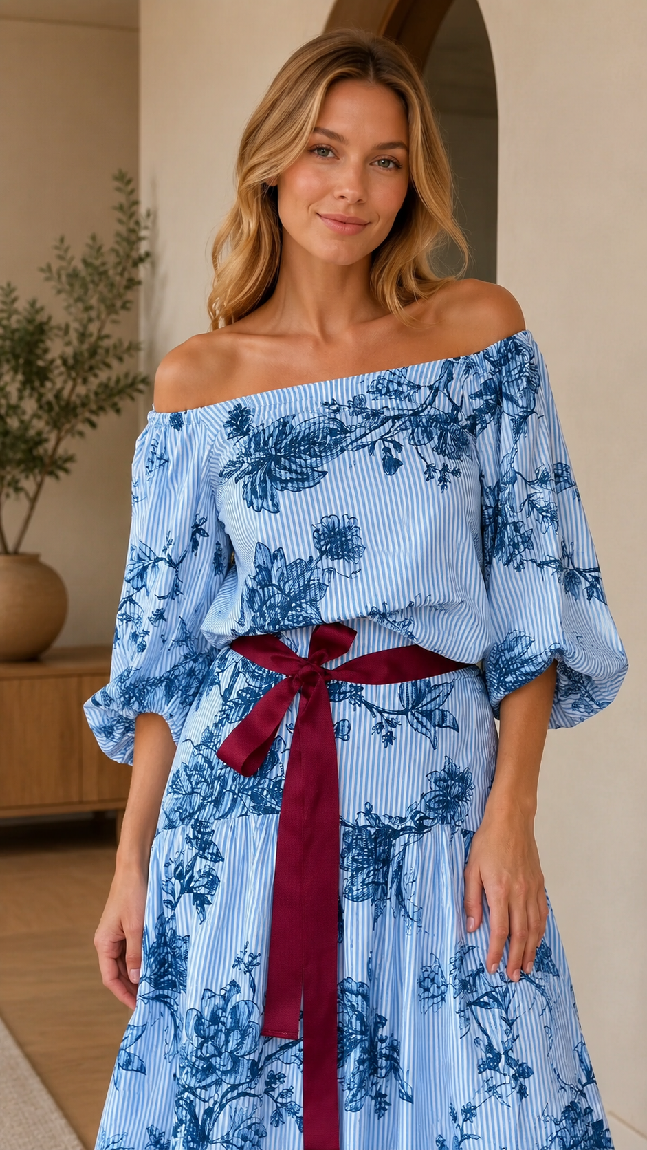 Close-up of sky blue off-shoulder floral maxi dress showing neckline, print, and waist tie