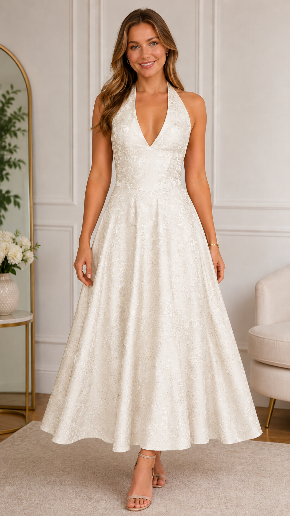 Front view of ivory halter floral textured midi dress with plunging neckline