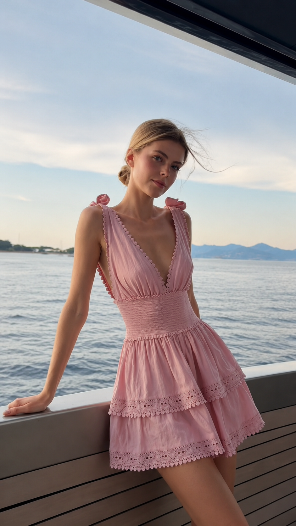 Front view of blush pink tiered summer mini dress with eyelet-style trim