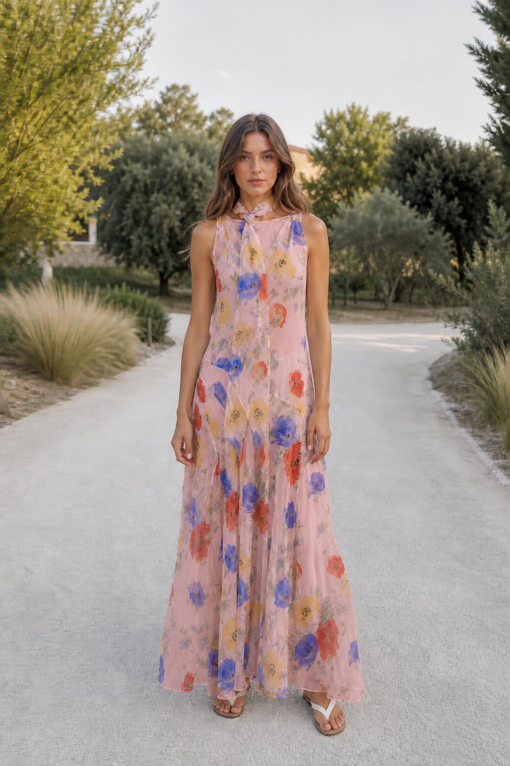 Model wearing pink floral halter maxi dress outdoors