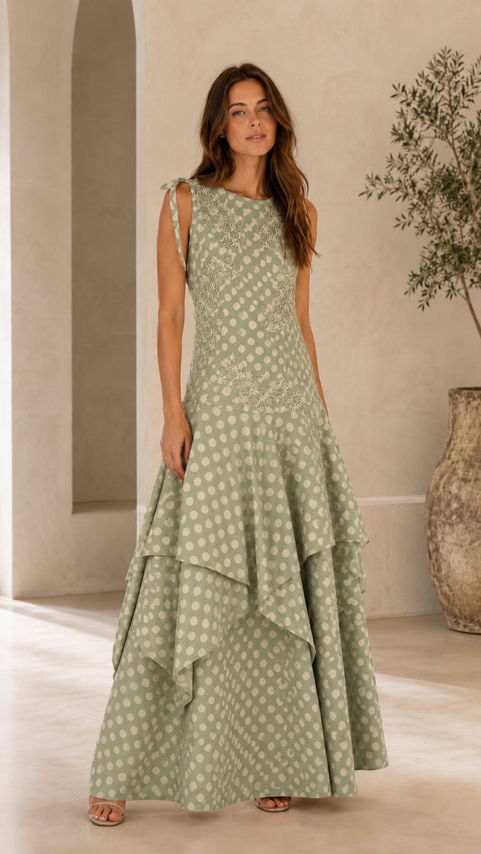 Front view of sage embroidered polka dot tiered maxi dress
