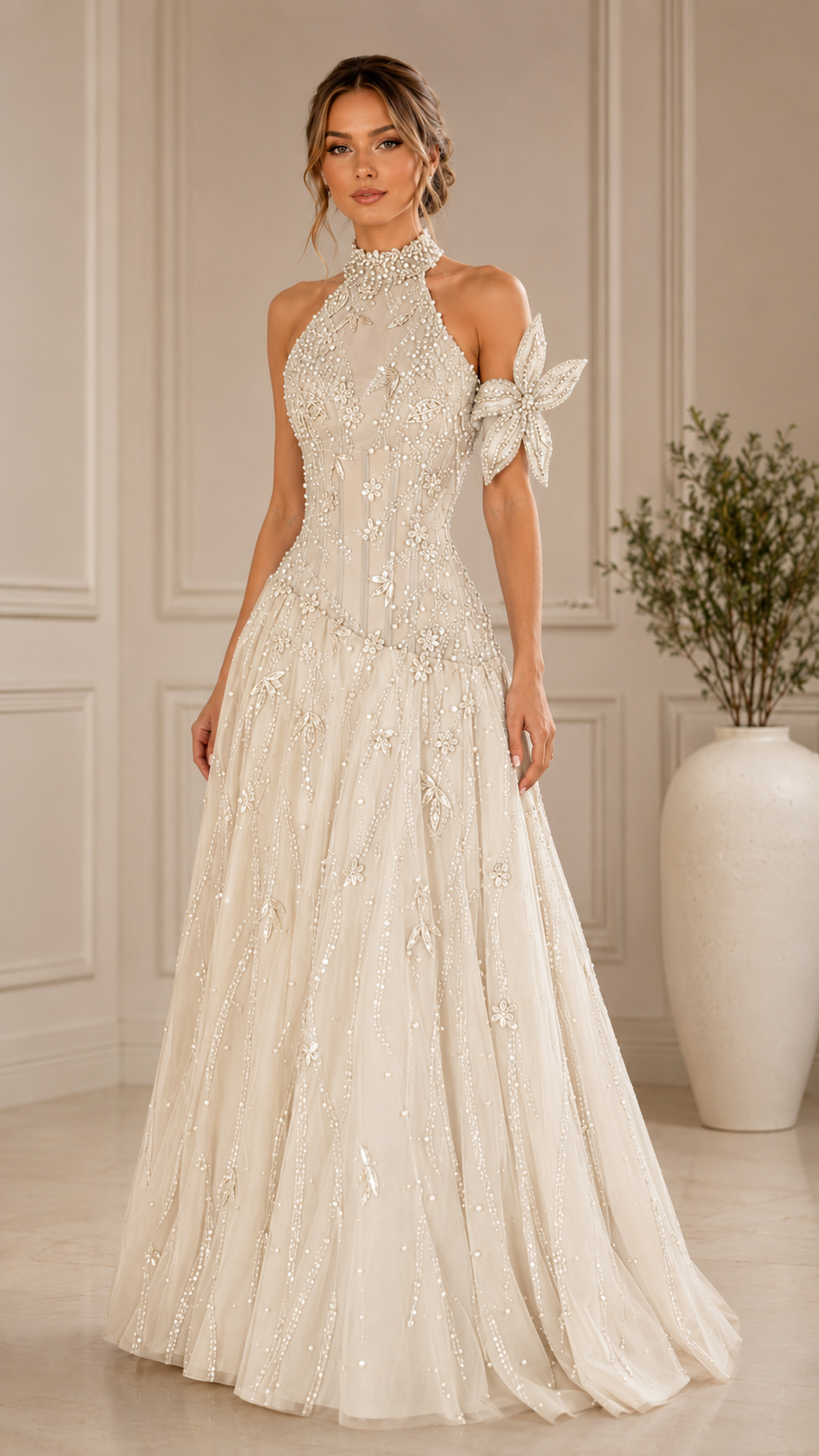 Front view of ivory embellished halter floor-length formal gown